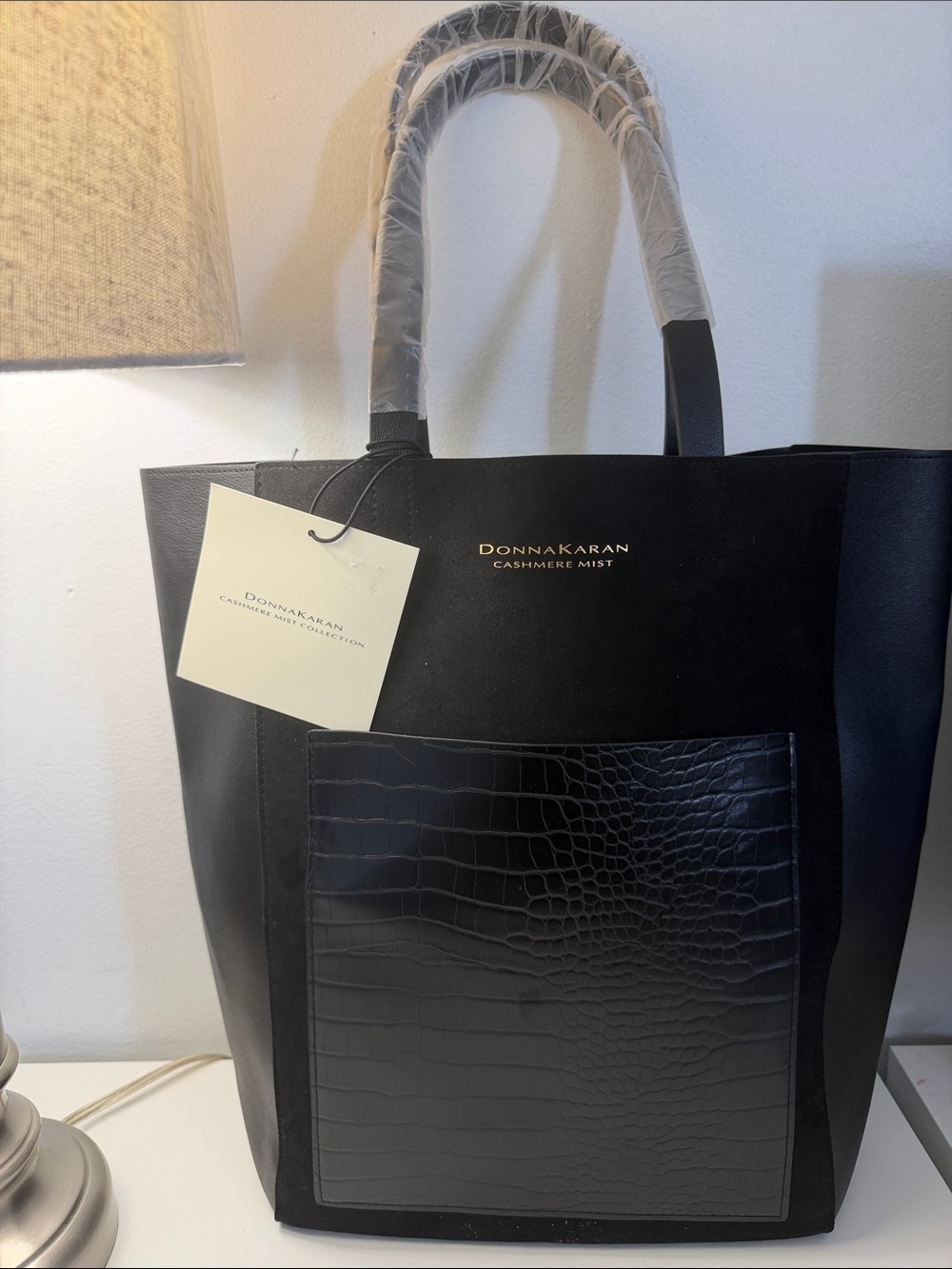 Donna Karan Black Leather Tote with Croc-Embossed Front Pocket